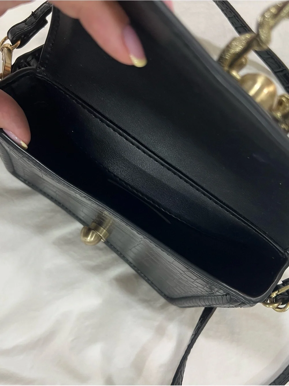 Zara Black Croc-Embossed Crossbody Bag with Gold Buckle Detail